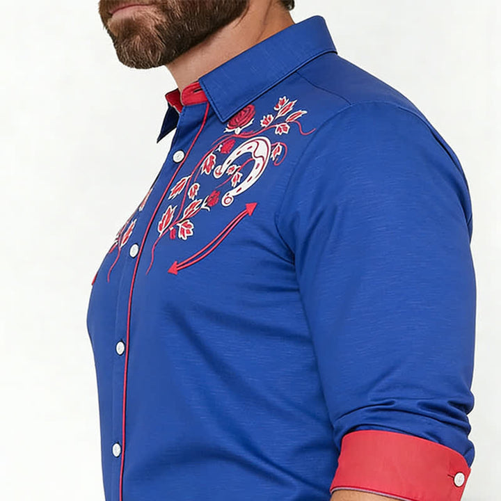 Camicia da cowboy da uomo con motivo a ferro di cavallo e rosa, stile western. - image 3