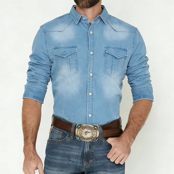 Camicia da uomo in denim stile western casual con tasche sul petto - image 1