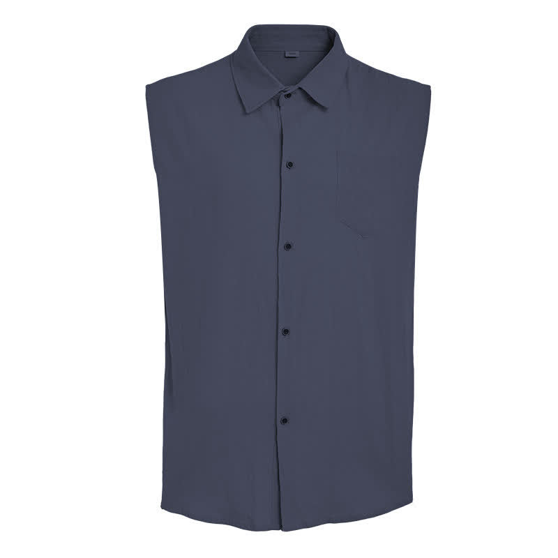 Gilet-camicia da uomo casual da spiaggia e ranch in lino sottile senza maniche - image 8