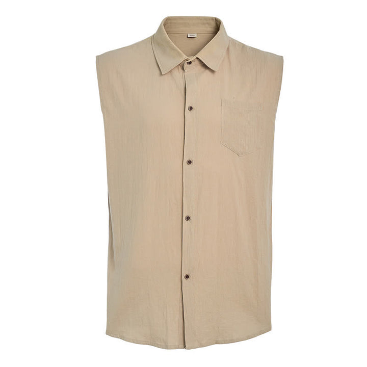Gilet-camicia da uomo casual da spiaggia e ranch in lino sottile senza maniche - image 10