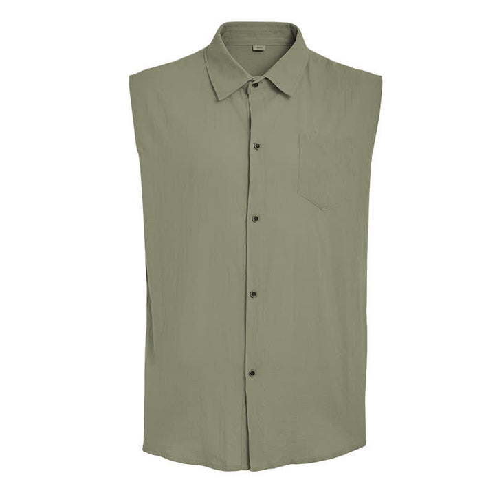 Gilet-camicia da uomo casual da spiaggia e ranch in lino sottile senza maniche - image 12