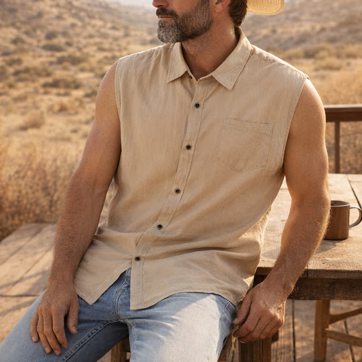 Gilet-camicia da uomo casual da spiaggia e ranch in lino sottile senza maniche - Cachi - 3XL - image 3