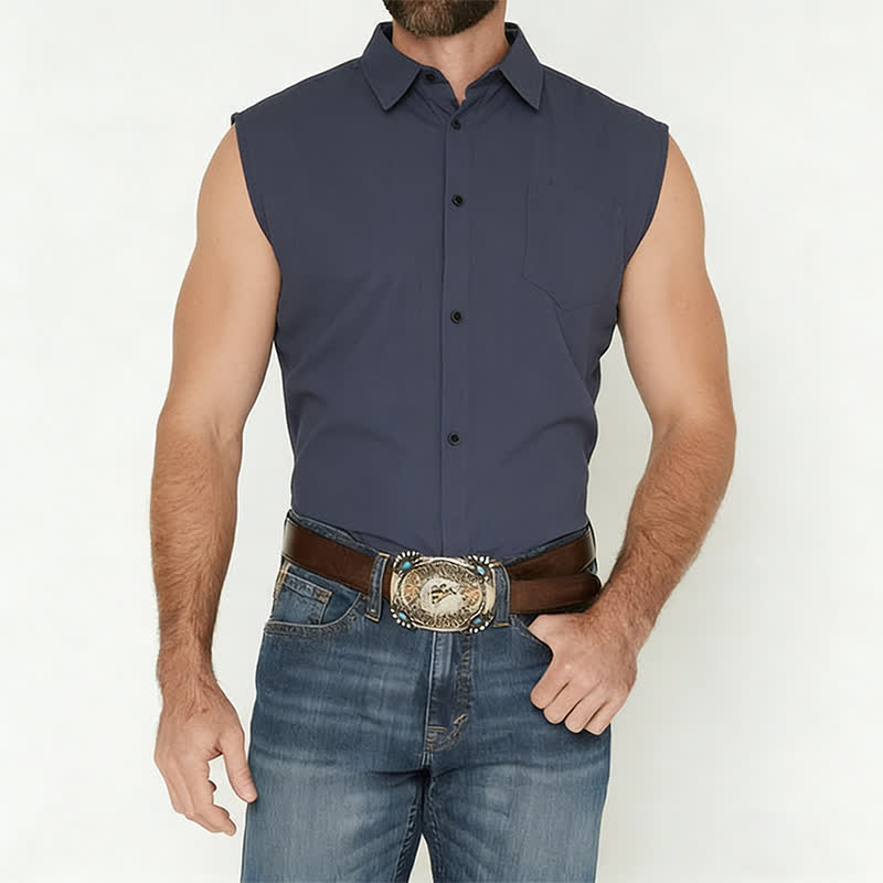 Gilet-camicia da uomo casual da spiaggia e ranch in lino sottile senza maniche - image 1