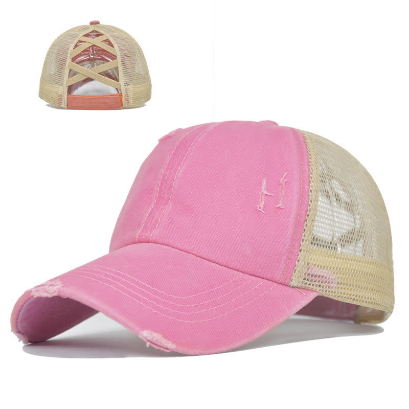 Cappellino da baseball in cotone lavato con inserti in rete incrociati effetto invecchiato. - Rosa - Regolabile (circa 21 5/8"-22 7/8") - image 6