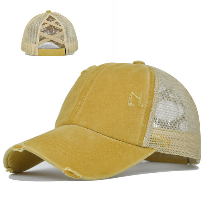 Cappellino da baseball in cotone lavato con inserti in rete incrociati effetto invecchiato. - Giallo - Regolabile (circa 21 5/8"-22 7/8") - image 4