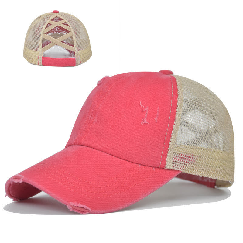 Cappellino da baseball in cotone lavato con inserti in rete incrociati effetto invecchiato. - Rosso anguria - Regolabile (circa 21 5/8"-22 7/8") - image 9