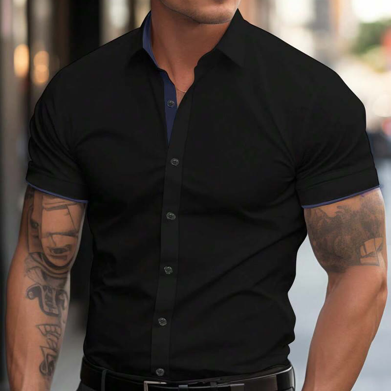 Camicia da uomo estiva a maniche corte elasticizzata, sportiva e casual, con bottoni. - Nero - 3XL - image 1