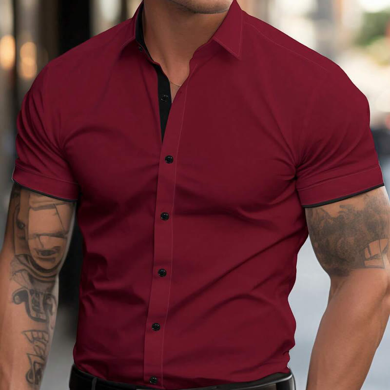 Camicia da uomo estiva a maniche corte elasticizzata, sportiva e casual, con bottoni. - Vino - 3XL - image 0