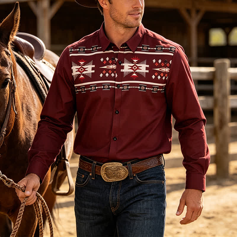 Camicia da uomo con stampa azteca in stile sud-occidentale, con bottoni. - Borgogna - 6XL - image 0