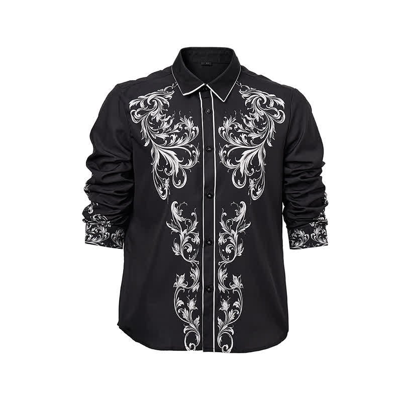Camicia western da uomo con stampa floreale in bianco e nero e motivi a volute. - image 8