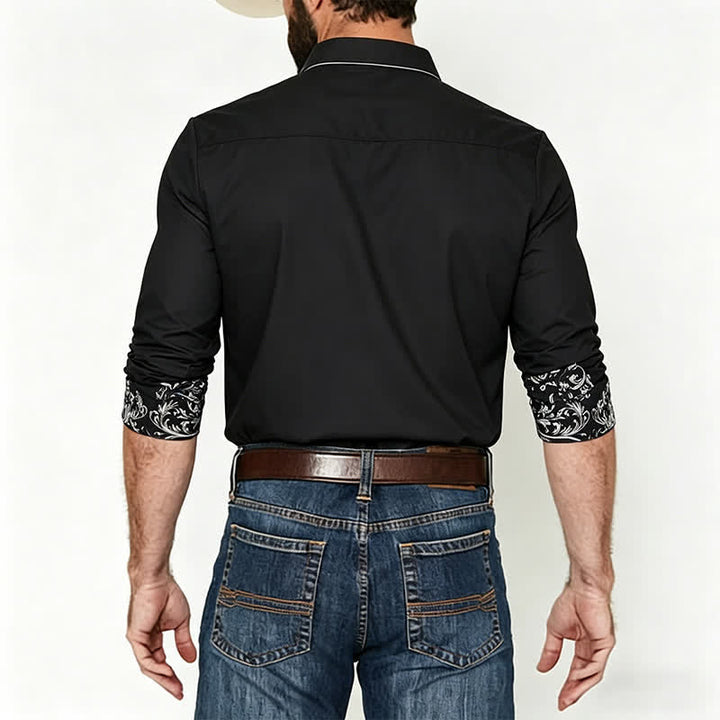 Camicia western da uomo con stampa floreale in bianco e nero e motivi a volute. - image 2