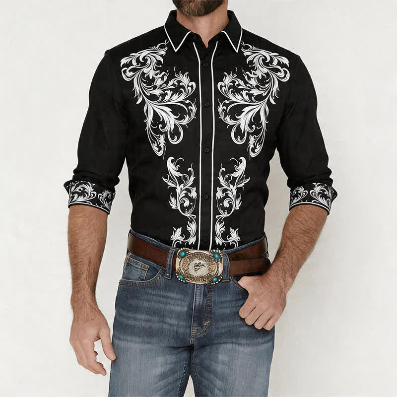 Camicia western da uomo con stampa floreale in bianco e nero e motivi a volute. - image 1