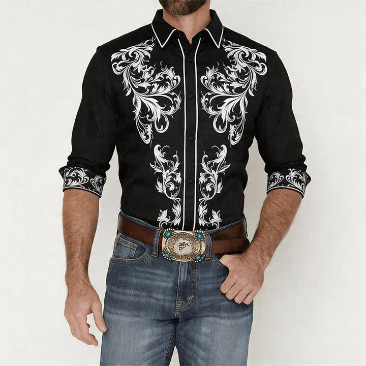 Camicia western da uomo con stampa floreale in bianco e nero e motivi a volute. - image 1