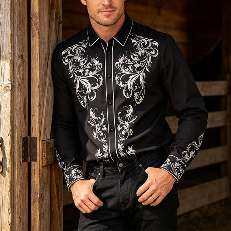 Camicia western da uomo con stampa floreale in bianco e nero e motivi a volute. - Nero - 6XL - image 0