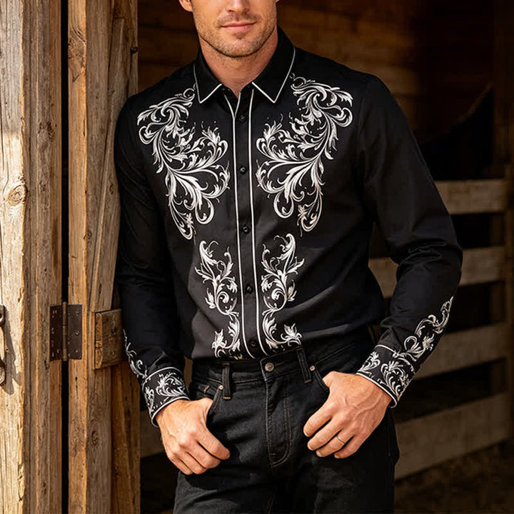 Camicia western da uomo con stampa floreale in bianco e nero e motivi a volute. - Nero - 6XL - image 0