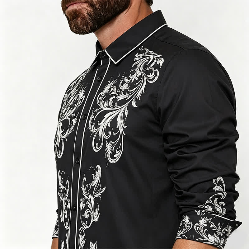 Camicia western da uomo con stampa floreale in bianco e nero e motivi a volute. - image 3