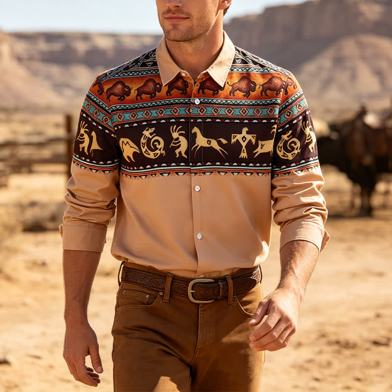 Camicia da uomo in stile western con motivo tribale di bisonti e altri animali. - Marrone - 6XL - image 0