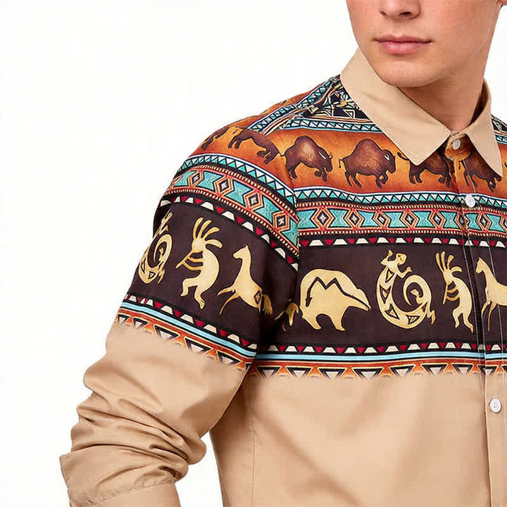 Camicia da uomo in stile western con motivo tribale di bisonti e altri animali. - image 3