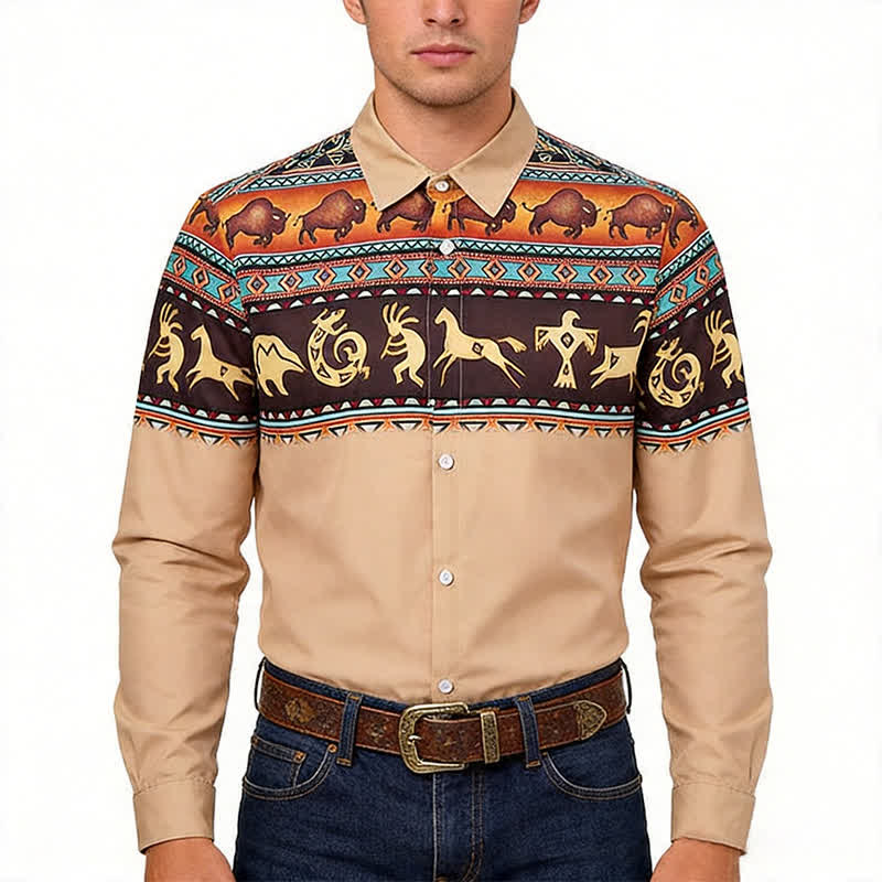 Camicia da uomo in stile western con motivo tribale di bisonti e altri animali. - image 1