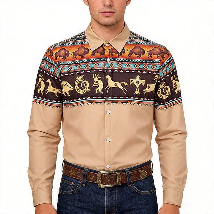 Camicia da uomo in stile western con motivo tribale di bisonti e altri animali. - image 1