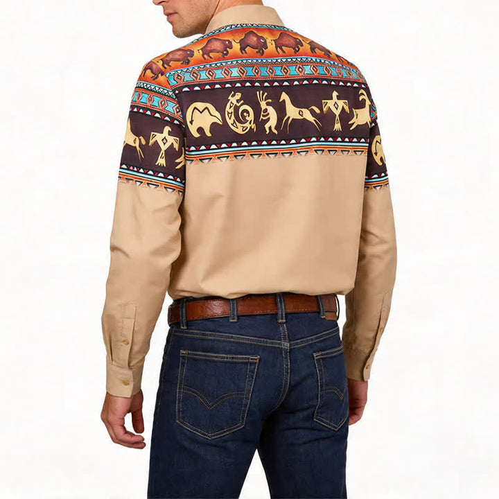 Camicia da uomo in stile western con motivo tribale di bisonti e altri animali. - image 2