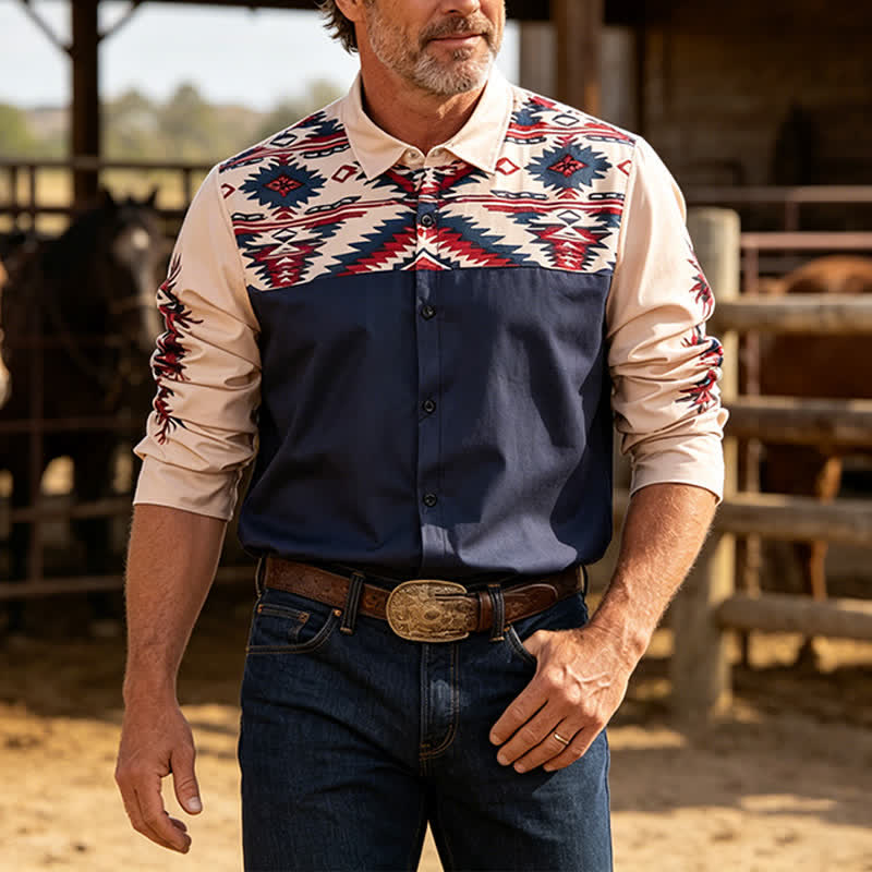 Camicia western da uomo Rugged Spirit con stampa azteca del sud-ovest - Marina - 5XL - image 0
