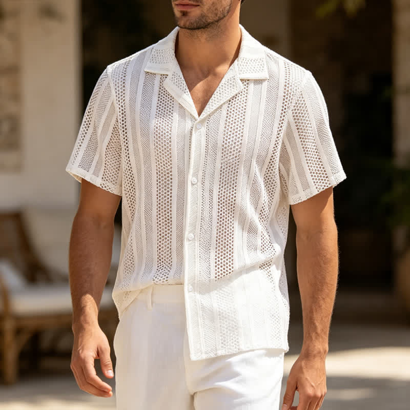 Camicia da uomo traspirante a righe traforate con colletto cubano. - Bianco - 2XL - image 0