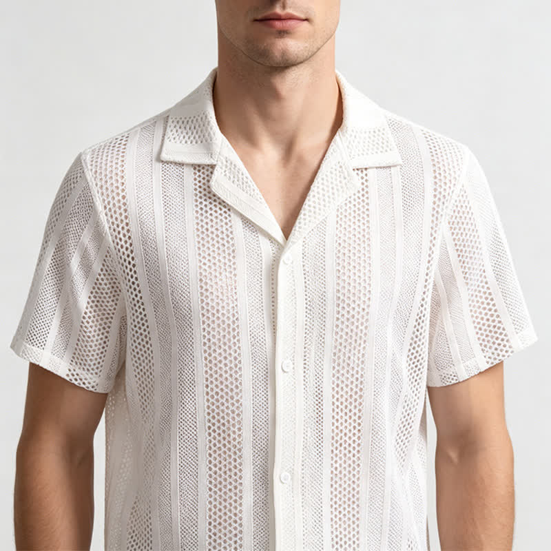 Camicia da uomo traspirante a righe traforate con colletto cubano. - image 3