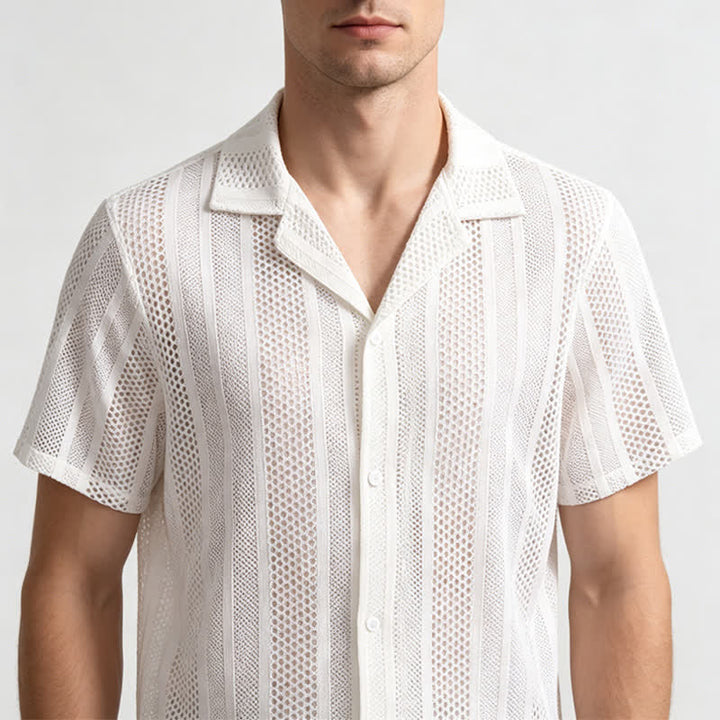 Camicia da uomo traspirante a righe traforate con colletto cubano. - image 3