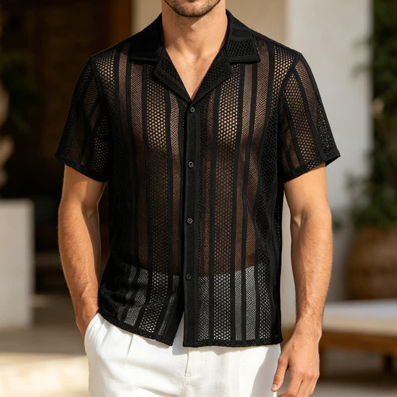 Camicia da uomo traspirante a righe traforate con colletto cubano. - Nero - 2XL - image 4
