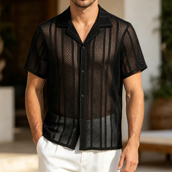 Camicia da uomo traspirante a righe traforate con colletto cubano. - Nero - 2XL - image 4