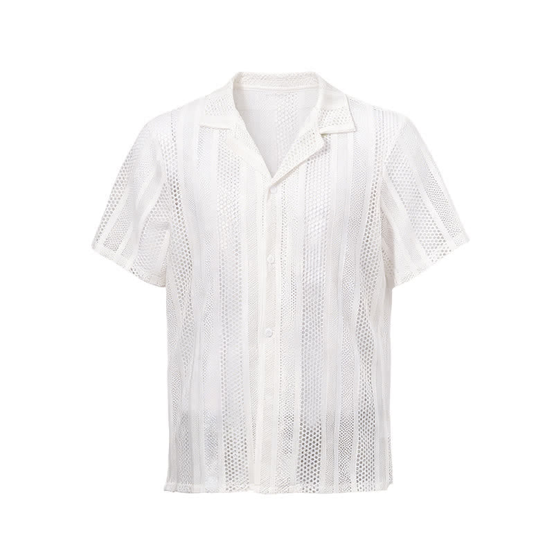 Camicia da uomo traspirante a righe traforate con colletto cubano. - image 8