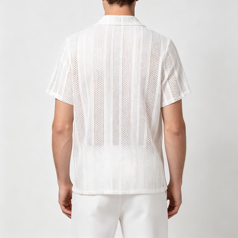 Camicia da uomo traspirante a righe traforate con colletto cubano. - image 2