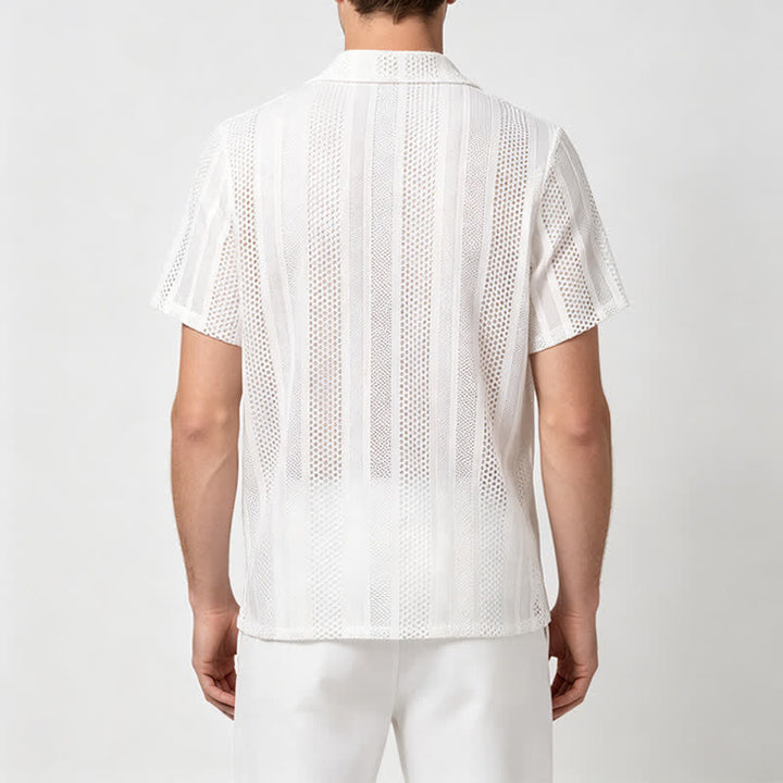 Camicia da uomo traspirante a righe traforate con colletto cubano. - image 2