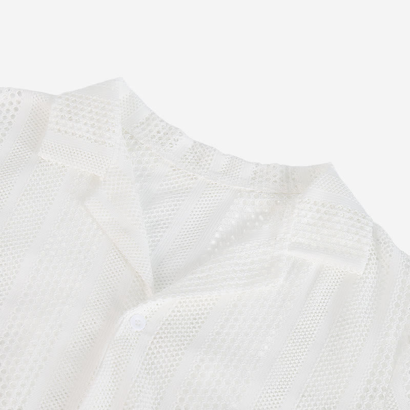 Camicia da uomo traspirante a righe traforate con colletto cubano. - image 5