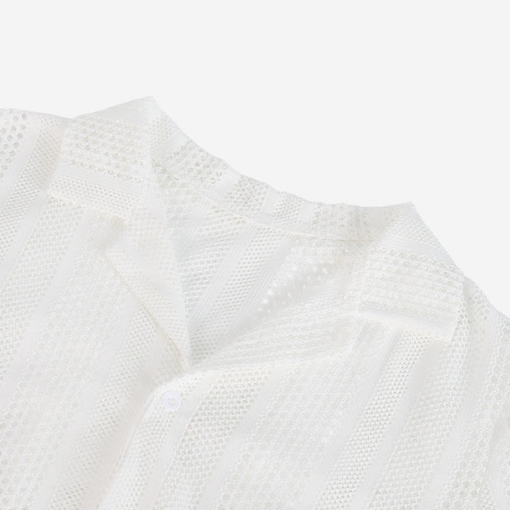 Camicia da uomo traspirante a righe traforate con colletto cubano. - image 5