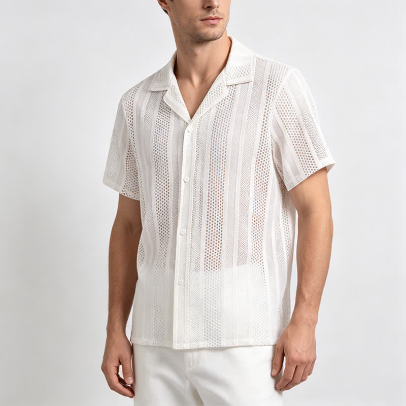 Camicia da uomo traspirante a righe traforate con colletto cubano. - image 1
