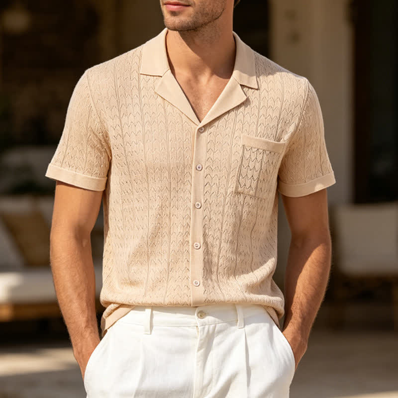 Camicia da uomo a tinta unita con colletto cubano in maglia - Cachi - 3XL - image 0