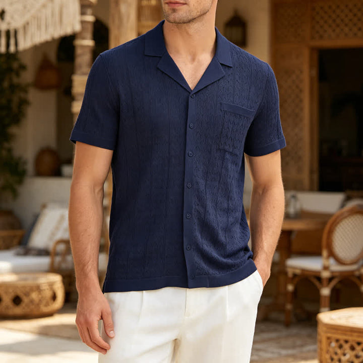 Camicia da uomo a tinta unita con colletto cubano in maglia - Marina - 3XL - image 5