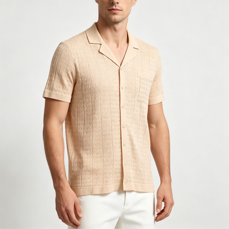 Camicia da uomo a tinta unita con colletto cubano in maglia - image 1