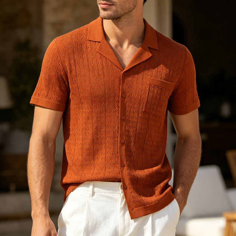 Camicia da uomo a tinta unita con colletto cubano in maglia - Marrone - 3XL - image 4