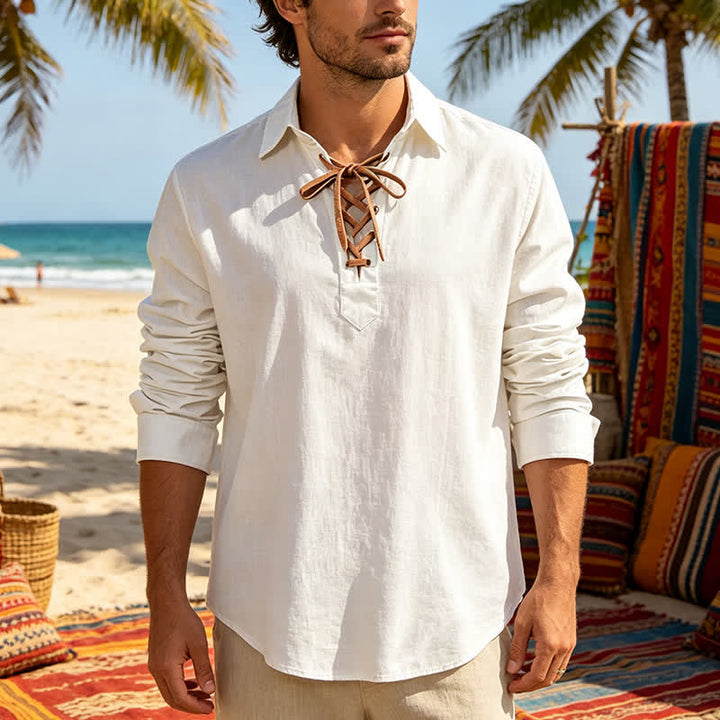 Camicia da uomo vintage in lino con lacci - Bianco - 3XL - image 5