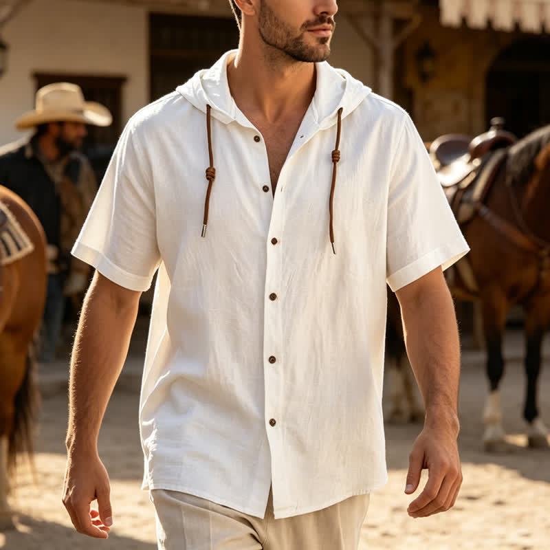 Camicia da uomo casual con cappuccio, leggera e sottile in lino - Bianco - 3XL - image 6