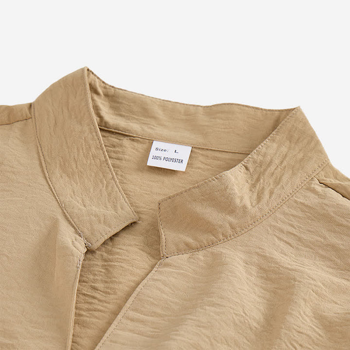 Camicia da uomo in misto lino con colletto alla coreana e design stropicciato. - image 6