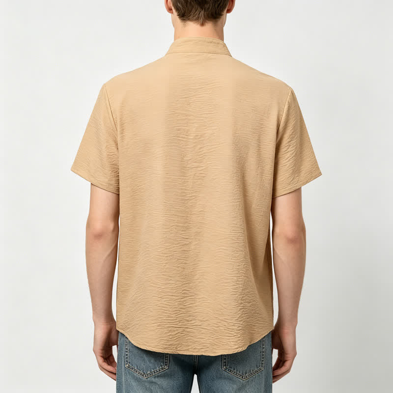 Camicia da uomo in misto lino con colletto alla coreana e design stropicciato. - image 2