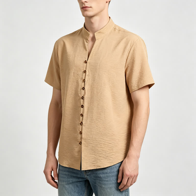 Camicia da uomo in misto lino con colletto alla coreana e design stropicciato. - image 1