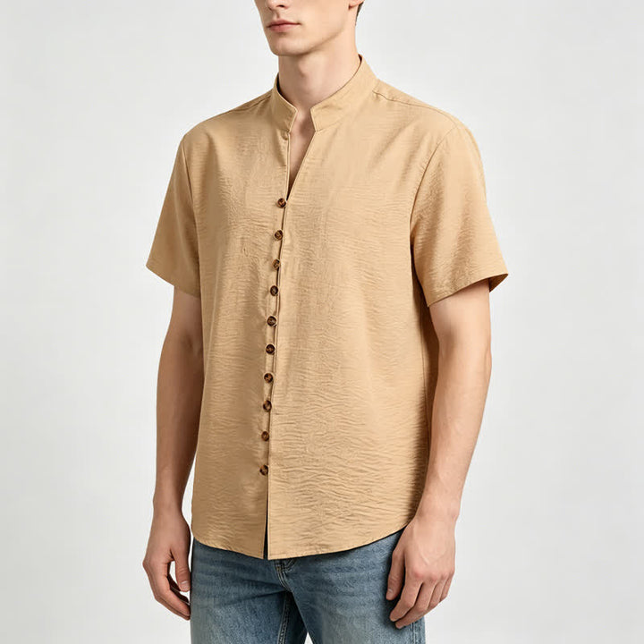 Camicia da uomo in misto lino con colletto alla coreana e design stropicciato. - image 1