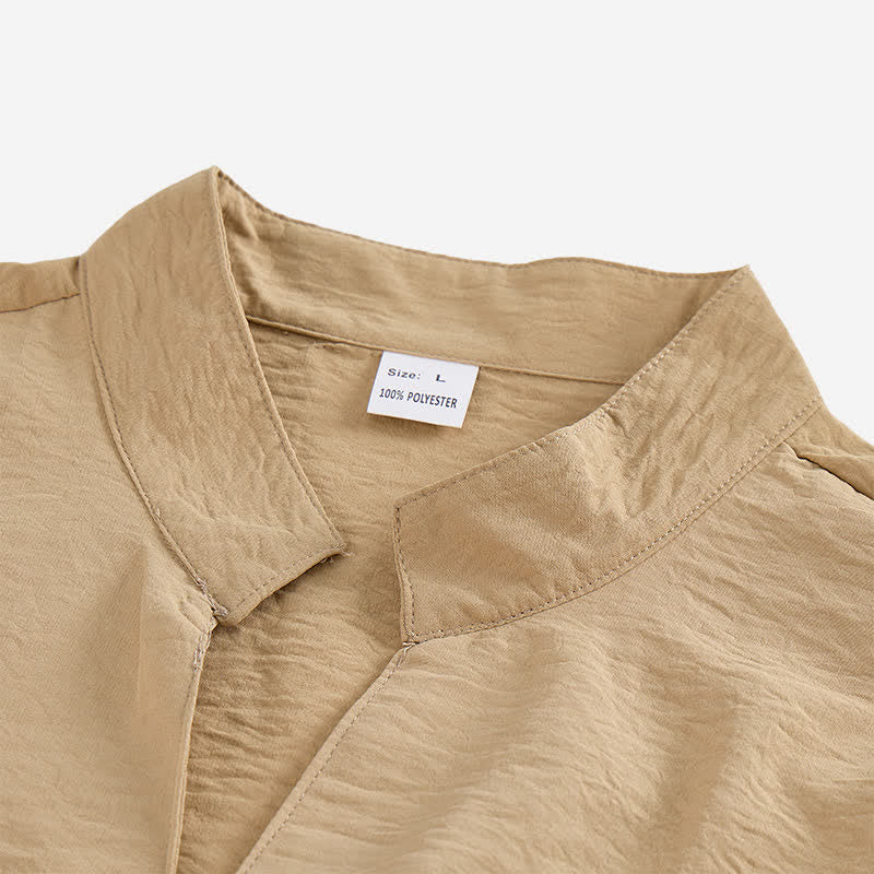 Camicia da uomo in misto lino con colletto alla coreana e design stropicciato. - image 6