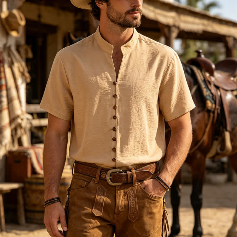 Camicia da uomo in misto lino con colletto alla coreana e design stropicciato. - Cachi - 3XL - image 0