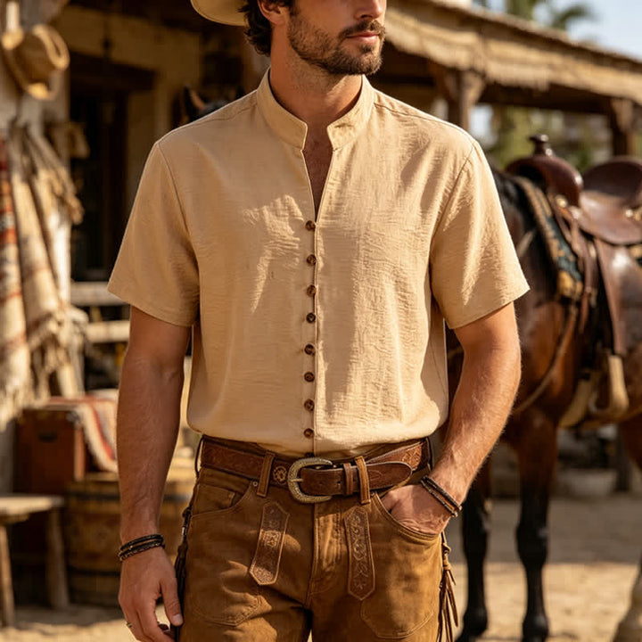 Camicia da uomo in misto lino con colletto alla coreana e design stropicciato. - Cachi - 3XL - image 0